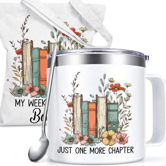 Book Lovers Gift Set – “Just One More Chapter” 14oz Insulated Mug with Canvas Tote Bag