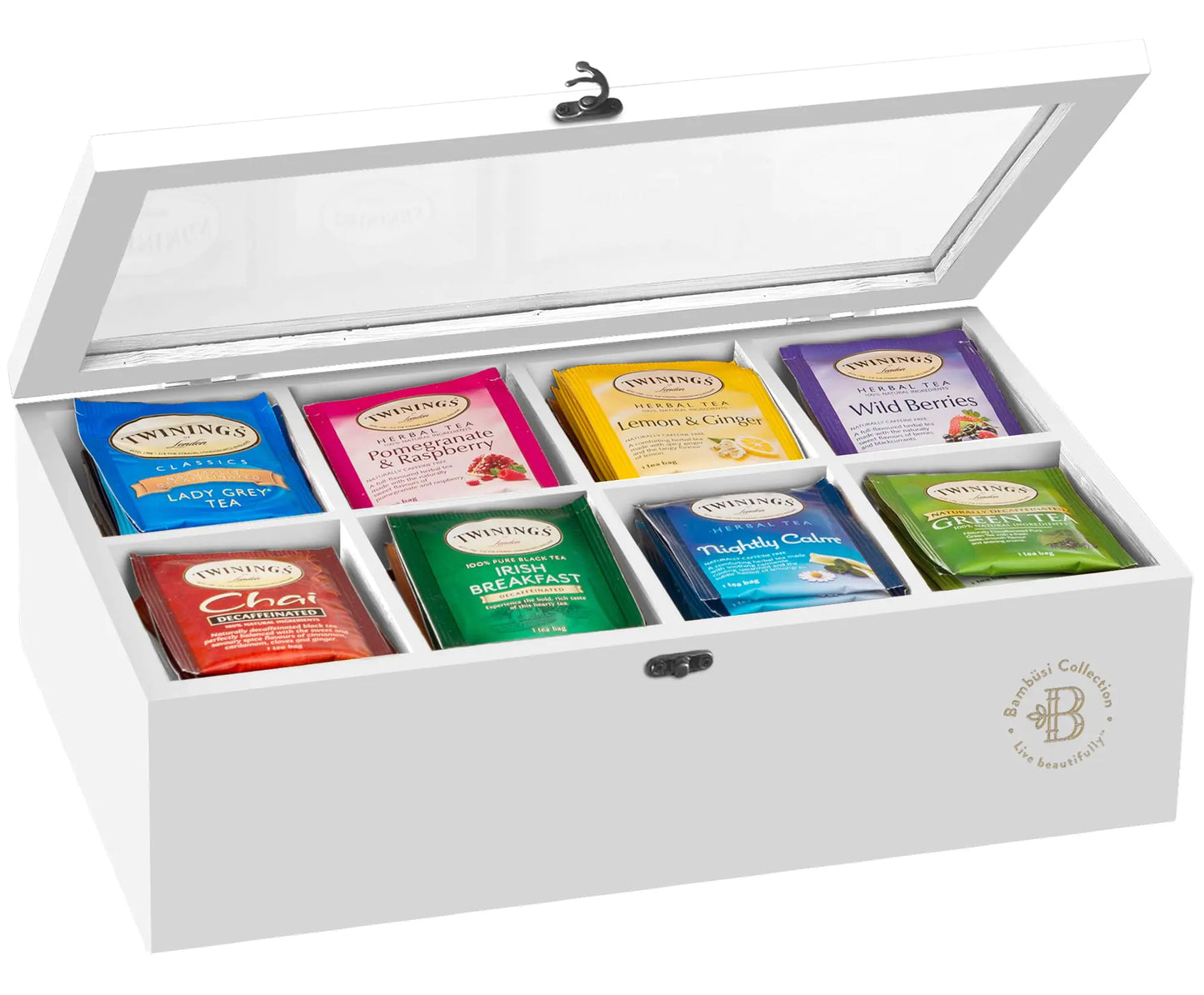 Bambüsi Bamboo Tea Bag Organizer – White Tea Storage Box with Acrylic Window & Magnetic Lid