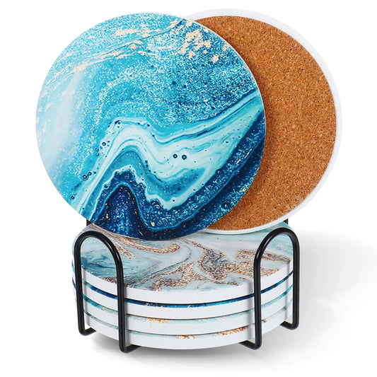 Blue Marble Ceramic Drink Coasters – Set of 6 with Holder