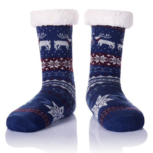 Men’s Fleece-Lined Cozy Slipper Socks – Extra Thick Winter Non-Slip Stockings (Blue Deer)