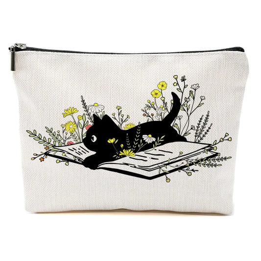 Cat Gifts for Women – Floral Cat Makeup Bag & Cosmetic Pouch, Book Lover & Cat Mom Gift, Toiletry Travel Organizer