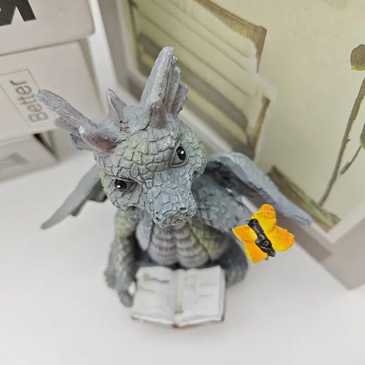 🐉 Mini Dragon Reading Book Sculpture – Whimsical Resin Figurine for Home Decor - LONG LEAD ITEM