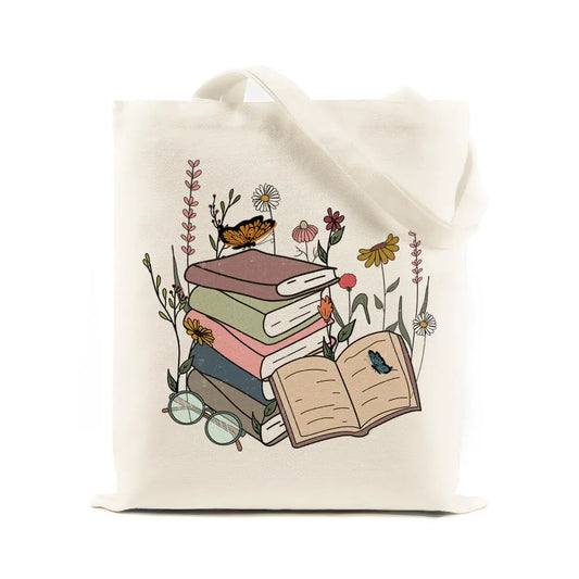 khanoqq Aesthetic Canvas Book Tote Bag for Women – Vintage Book Lover Gift, Reusable Cotton Shoulder Bag with Inner Pocket (Bookflower)