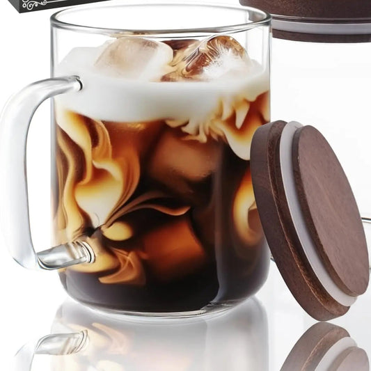 Glass Coffee Mugs Glass Coffee Cups with Acacia Wood Lid 20 oz Glass Mug Set of 2 Large