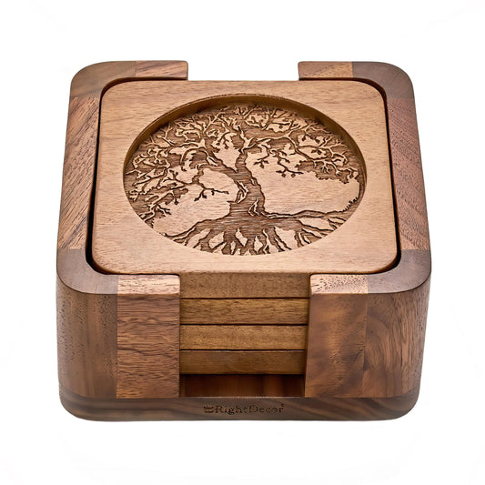 Set of 4 Wooden Walnut Coasters with Holder – Natural Elegance & Long-Lasting Protection