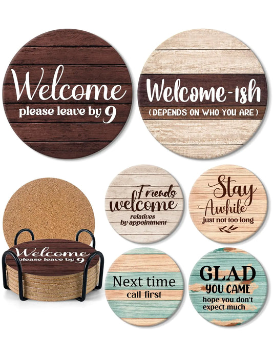 🐓 Funny Farmhouse Bar Cork Drink Coasters Set of 6 with Holder