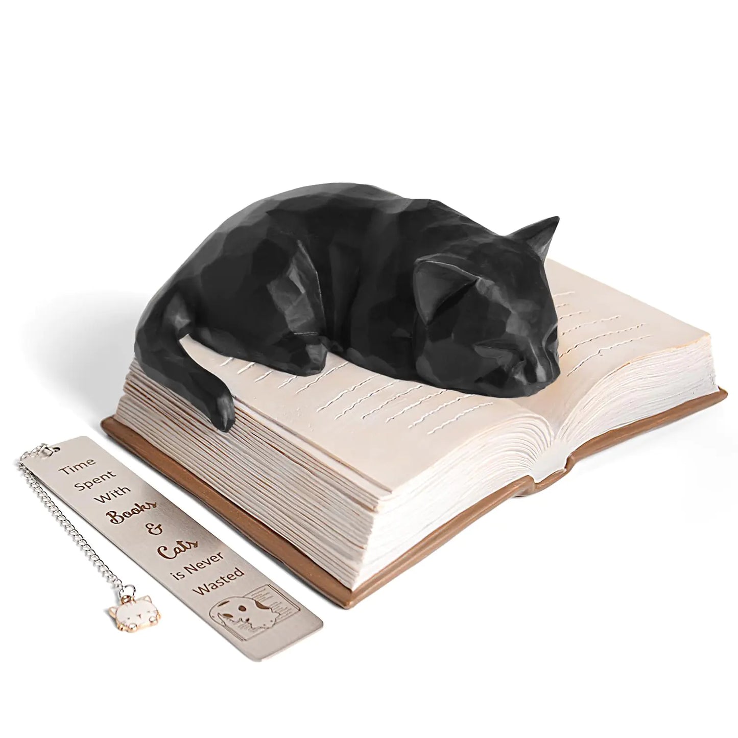 Vofstand Cat & Book Lover Gift Set – Hand-Painted Black Cat Figurine with Bookmark