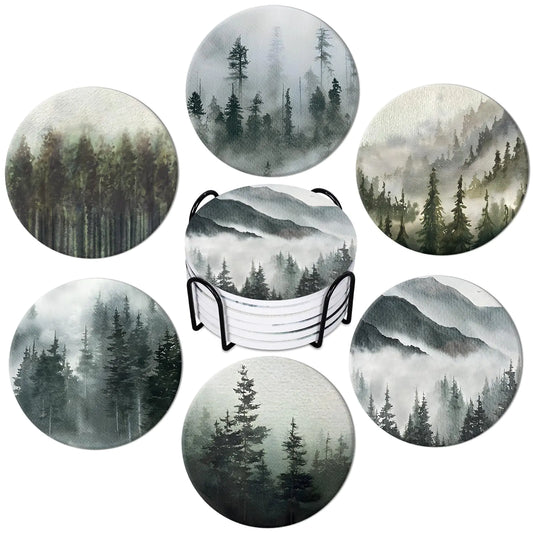 Whaline 6Pcs Forest Ceramic Coasters with Holder – Misty Forest Drink Coasters for Tabletop Protection
