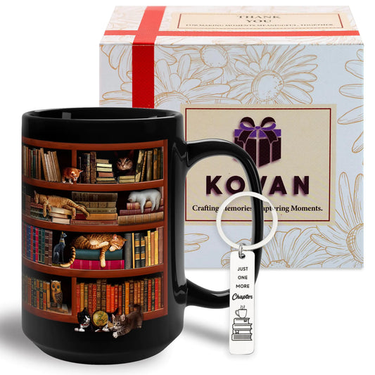 Library Bookshelf 15 oz Coffee Mug – Gifts for Book Lovers & Cat Lovers with Keychain 📚☕