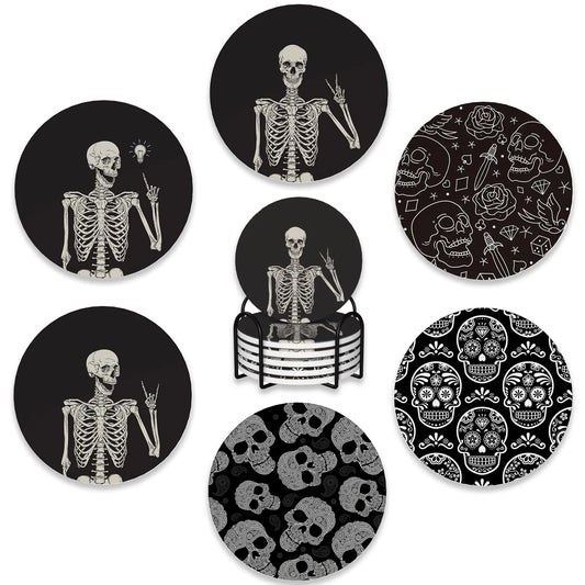 Skeleton Skull Drink Coasters – Set of 6 Absorbent Ceramic Coasters