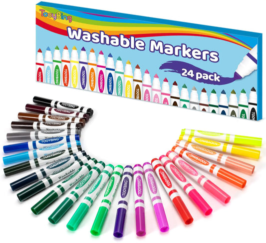 TooyBing 24 Color Washable Markers – Broad Tip, Durable, Non-Toxic Markers for Kids, Students & Teachers