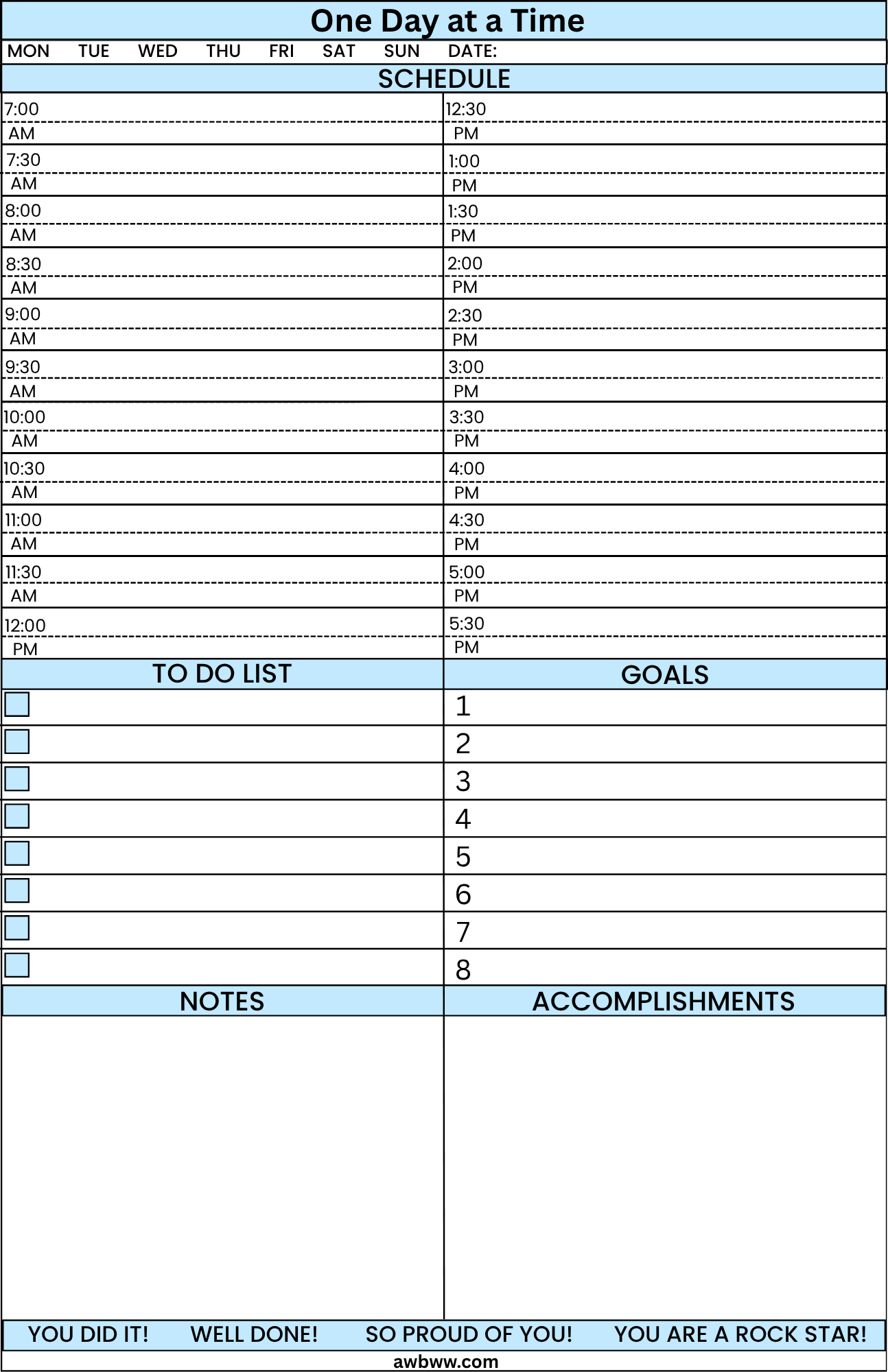 One Day at a Time Daily Planner - Printed pad One Month 32 pages