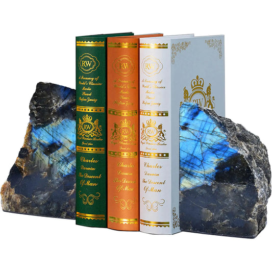 Blue Labradorite Crystal Bookends – Natural Heavy Duty Stone Book Holders (1 Pair, 2–3 lbs) | Healing Crystal Home & Office Decor