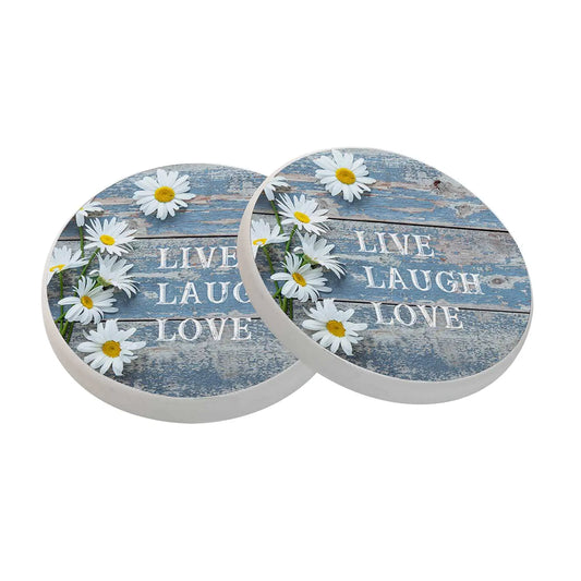 Live Laugh Love Daisy Drink Coasters – Set of 2 Ceramic Absorbent Coasters with Cork Base | Cute Cup Coasters for Coffee Table, Bar, or Home Decor