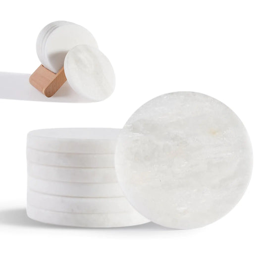 BCS Marble Coasters – Set of 6 White Solid Marble Drink Coasters with Wooden Holder | Premium Cup Mats for Coffee, Beer & Beverages