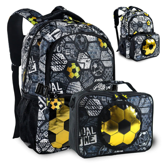 Decorably Backpack with Lunch Bag for Kids – 2-Piece Soccer Set (Metallic Black & Gold)