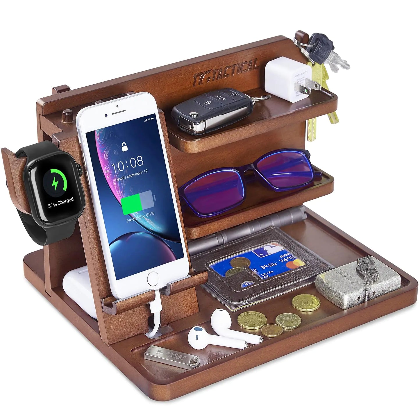 Nightstand Organizer โ Wood Phone Docking Station with Adjustable Rack & EDC Tray (Red Brown)