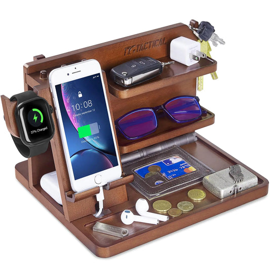 Nightstand Organizer – Wood Phone Docking Station with Adjustable Rack & EDC Tray (Red Brown)