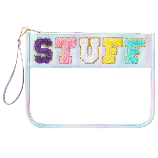 HBselect Chenille Letter Clear Travel Zipper Pouch – PU Makeup Bag, Waterproof Cosmetic Toiletry Organizer for Women & Girls