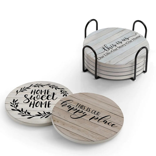 Farmhouse Drink Coasters – Set of 6 Absorbent Ceramic Coasters with Cork Backing & Holder
