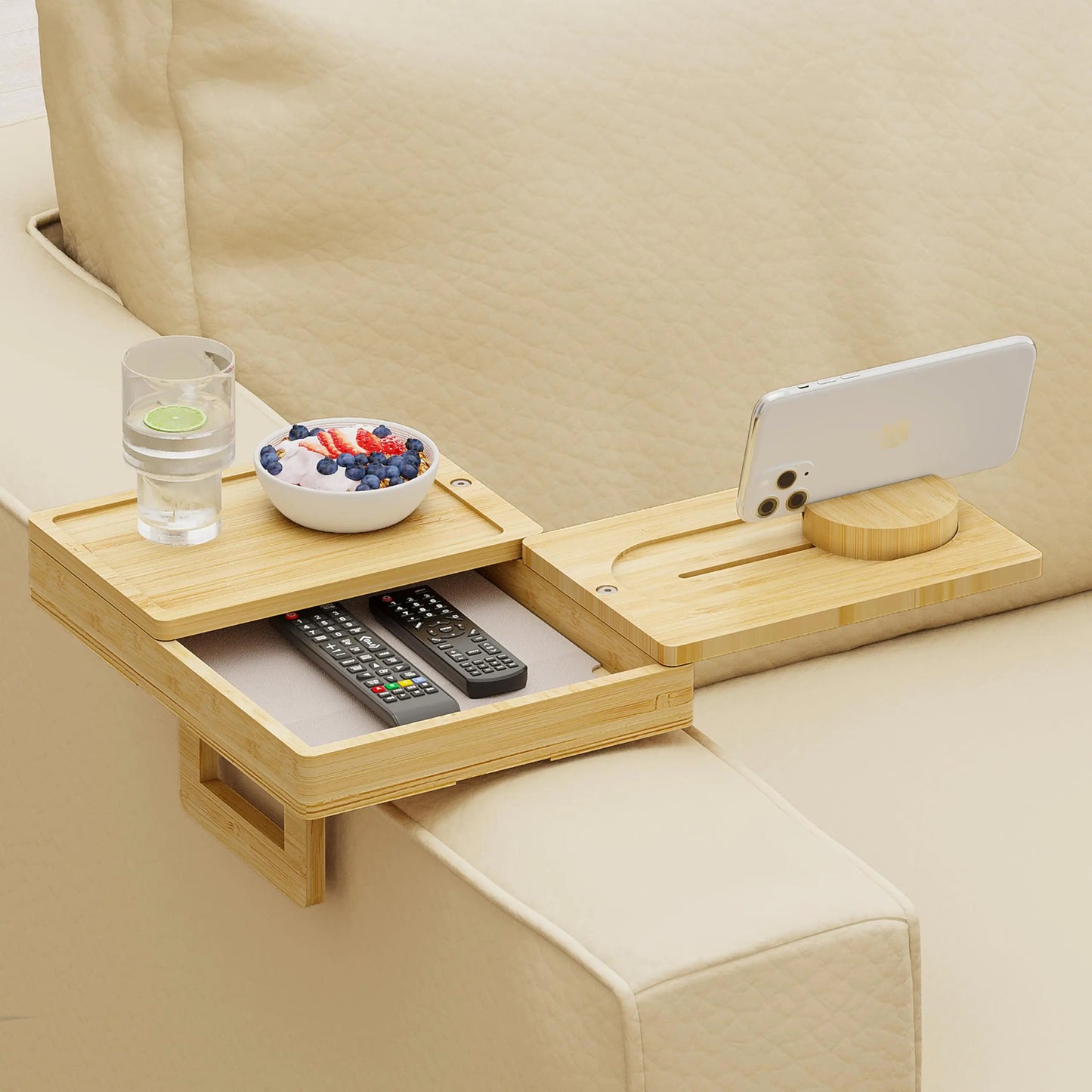 Wealone Bamboo Couch Arm Tray – 2 Rotatable Trays with Storage Box & 360° Phone Holder
