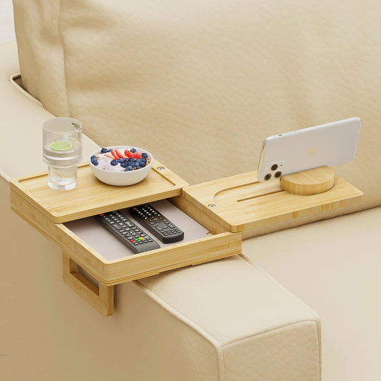 Wealone Bamboo Couch Arm Tray – 2 Rotatable Trays with Storage Box & 360° Phone Holder