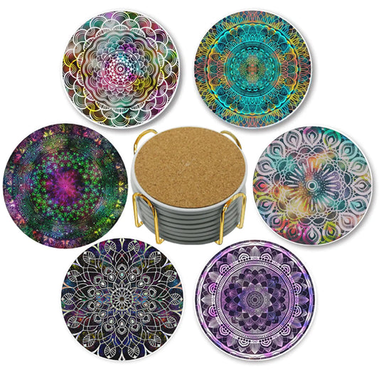 Mandala Ceramic Drink Coasters with Holder – Set of 6 Absorbent Coasters with Cork Base & Gold Metal Holder