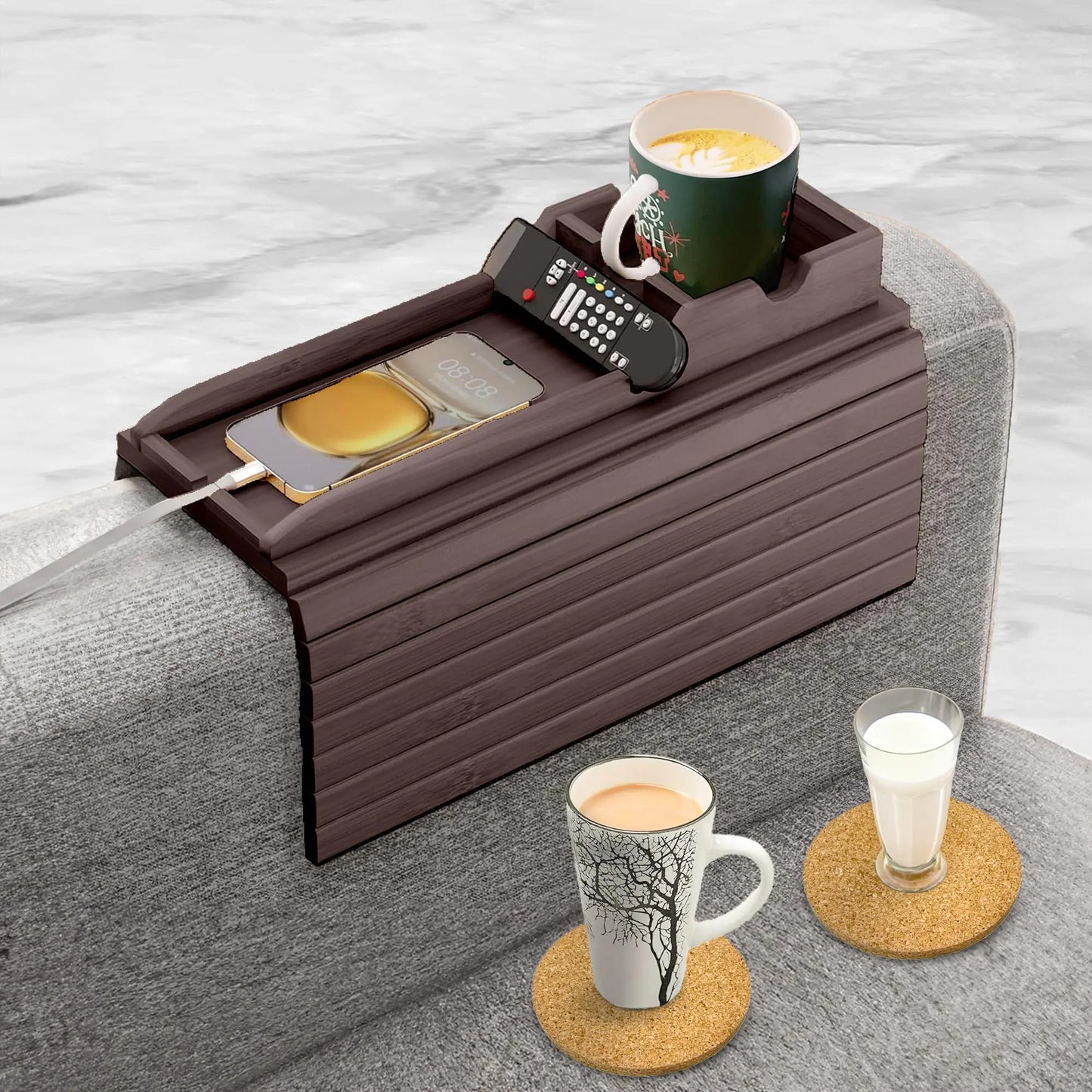 CLESOO 5-in-1 Couch Arm Tray Table with Cup Holder, Tablet Slot & Hooks