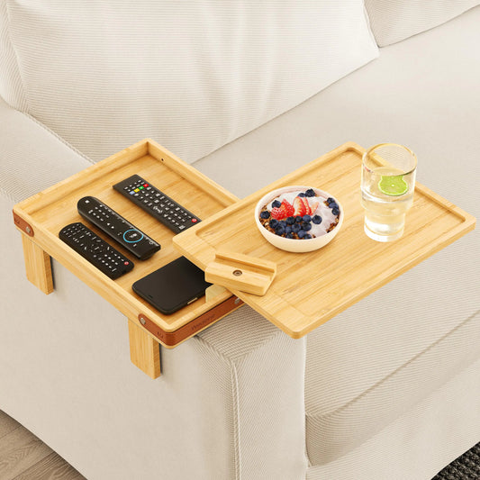Wealone Sofa Armrest Tray with Storage Box – Bamboo Couch Table with 360° Rotating Tabletop & Phone Holder