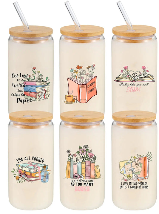 6-Piece Book Lover Glass Cup Set – 16 oz Floral Design with Bamboo Lids & Reusable Straws