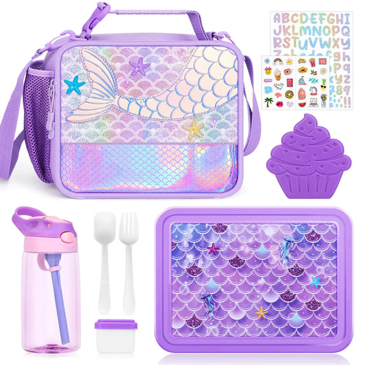 JYPS Mermaid Bento Box for Kids – Complete Lunch Box Set with Insulated Bag, Water Bottle, Sauce Container, Ice Pack & Utensils (Ages 7–15)
