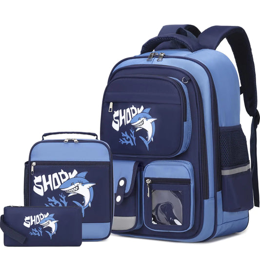 3PCS Boys Backpack Set – Cool Shark School Bag with Lunch Box & Pencil Case