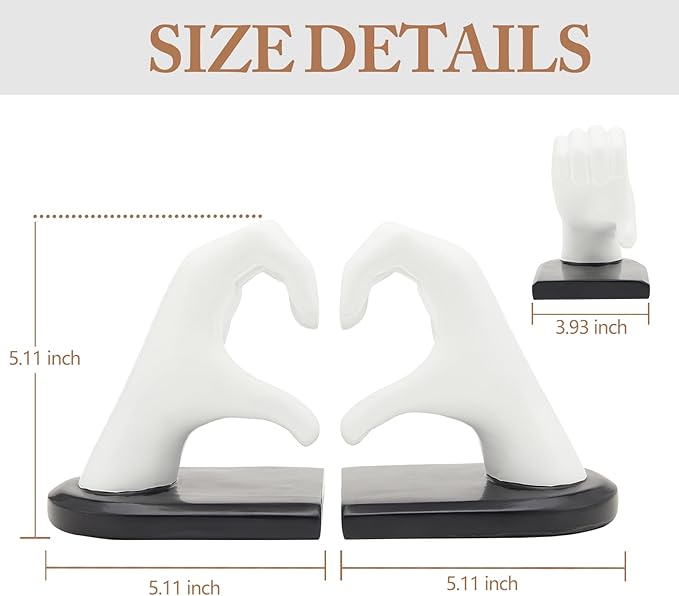 White Finger Heart Bookends – Heavy Duty Resin Book Holders (Set of 2)