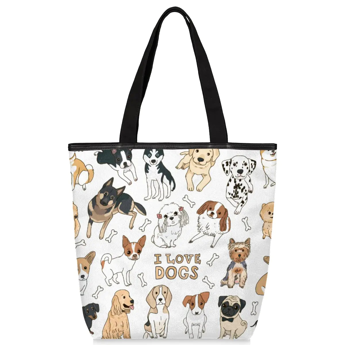 Cute Dog Canvas Tote Bag with Zipper & Inner Pockets