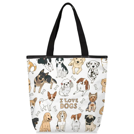 Cute Dog Canvas Tote Bag with Zipper & Inner Pockets
