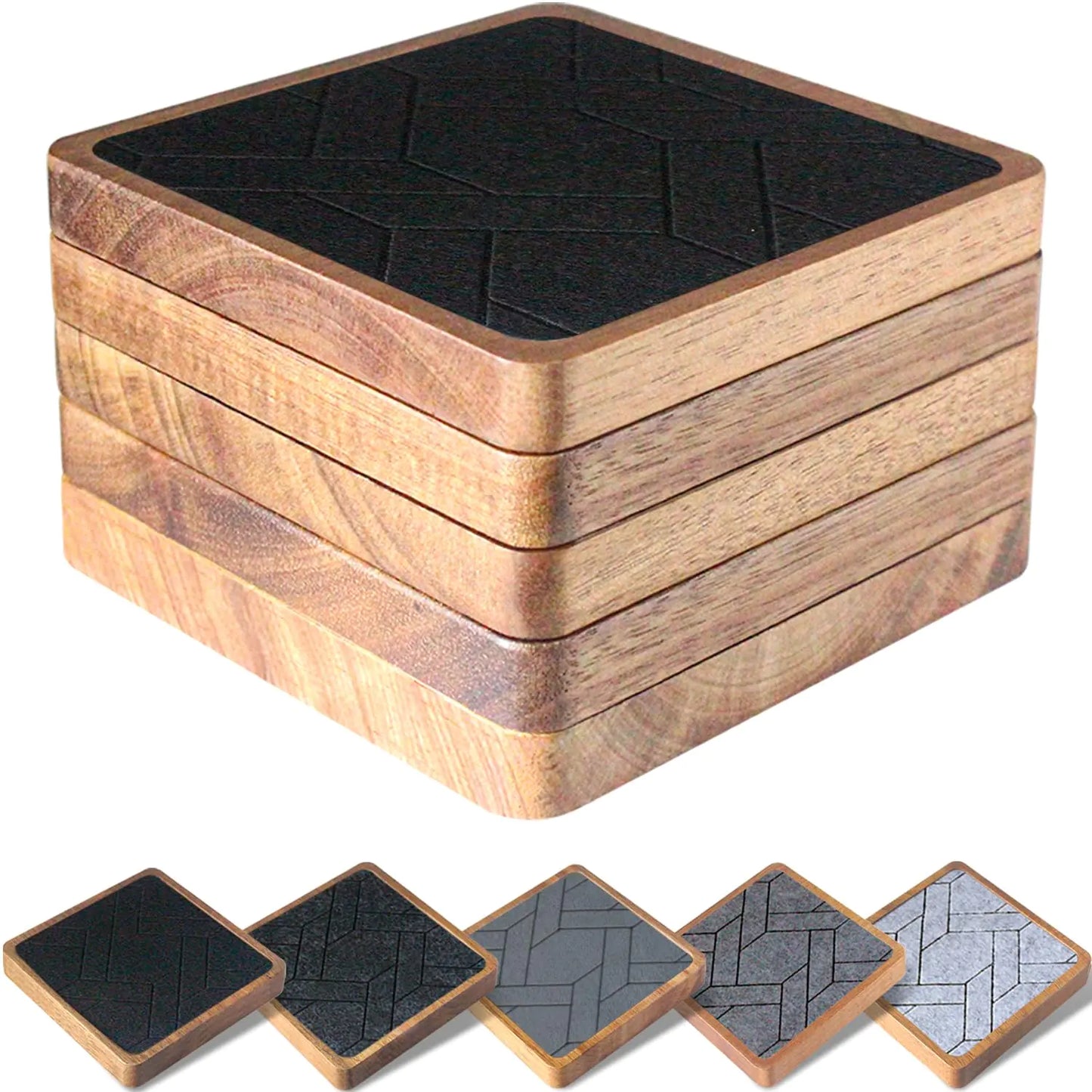 5-Pack Square Drink Coasters – Absorbent Wood Coasters with Felt Pads
