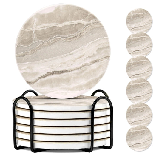 AmyFei Marble Drink Coasters – Set of 6 Ceramic Absorbent Coasters with Holder | 4" Ink & Wash Painting Design