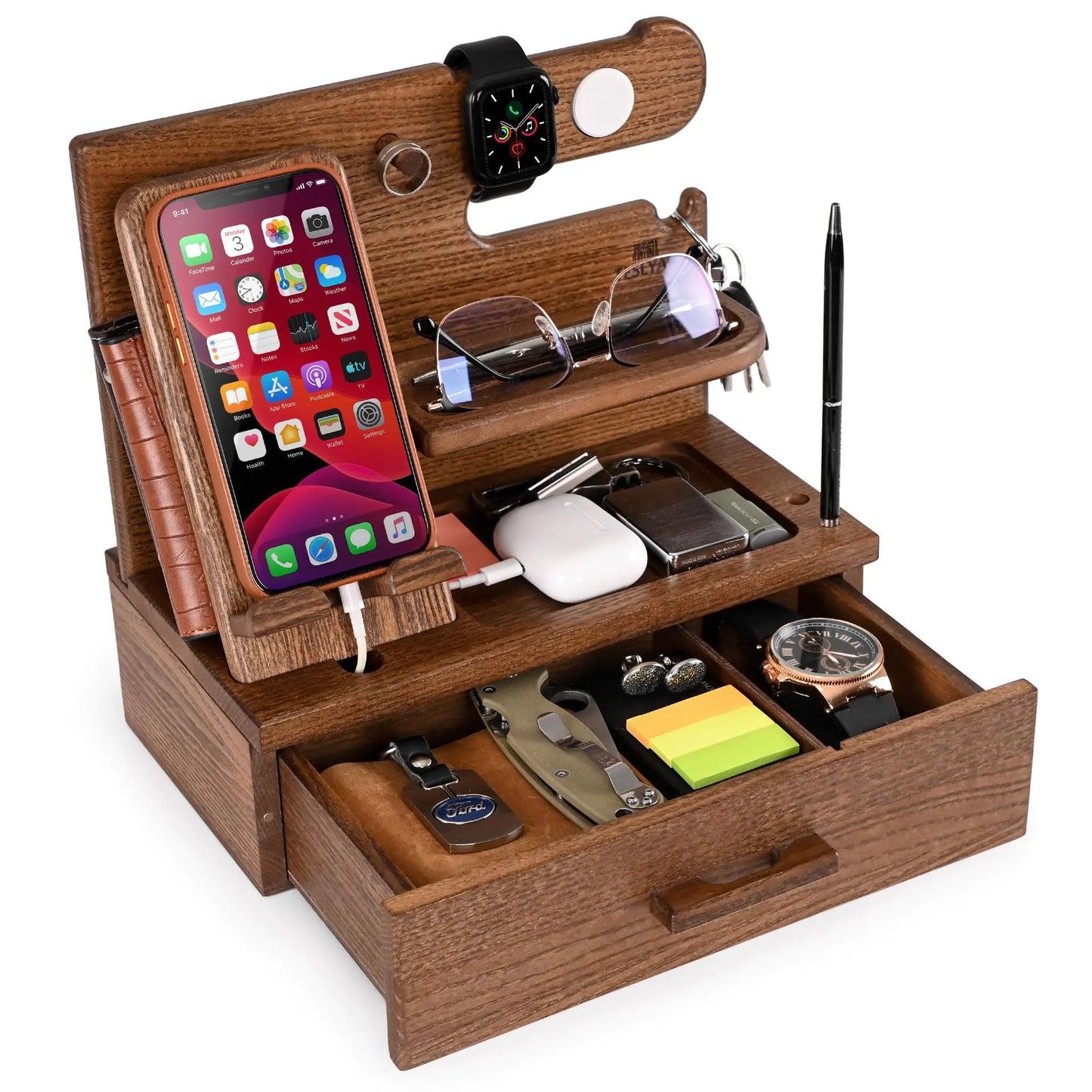 Wood Phone Docking Station with Drawer β Nightstand & Desk Organizer for Men, Key Holder, Watch & Accessories Stand (Beige)