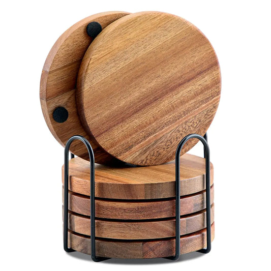 Acacia Wood Coasters – Set of 6 with Holder | 4" Round Wooden Drink Coasters