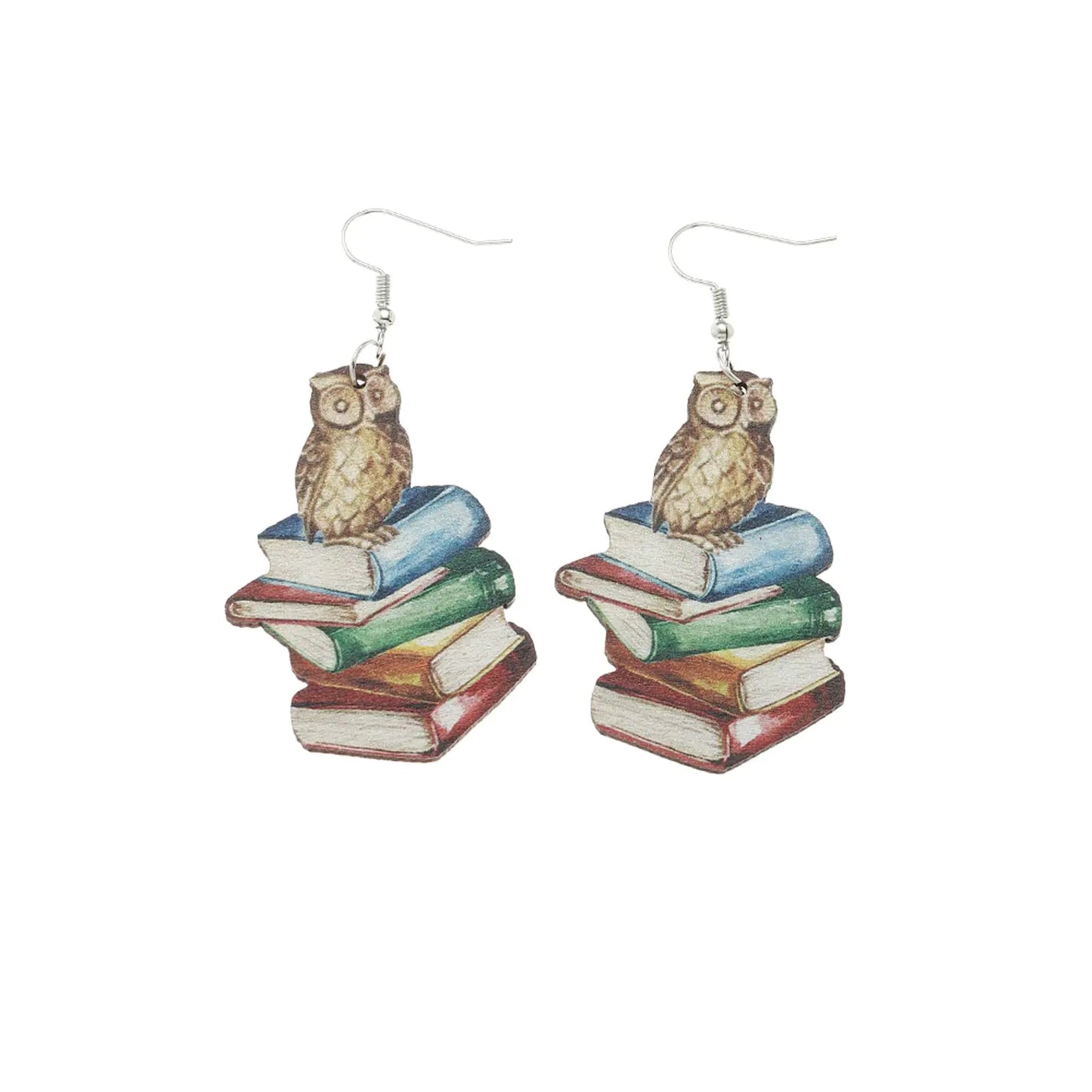 Colorful Owl Wooden Dangle Earrings ā Asymmetric Creative Jewelry for Teachers, Librarians, Students & Graduation Gifts