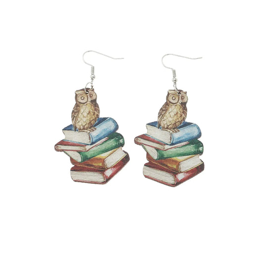 Colorful Owl Wooden Dangle Earrings – Asymmetric Creative Jewelry for Teachers, Librarians, Students & Graduation Gifts
