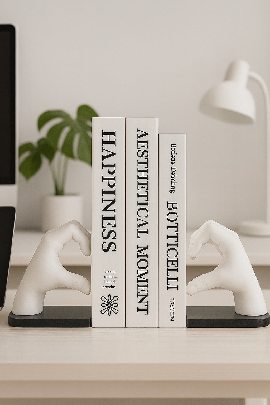 White Finger Heart Bookends – Heavy Duty Resin Book Holders (Set of 2)