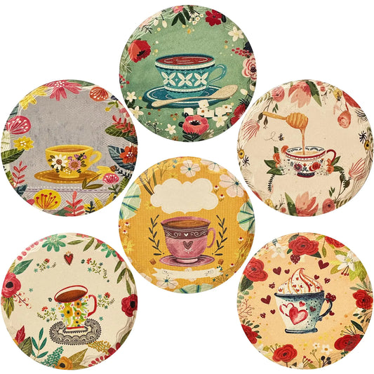 Drink Coasters – Set of 6 Absorbent Floral Ceramic Coasters with Cork Bottom
