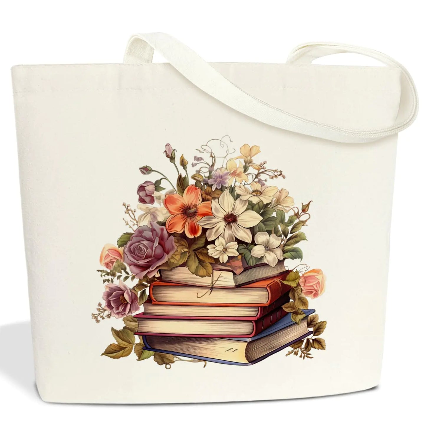 Floral Book Shoulder Tote Bag – Aesthetic Canvas Bag for Women, Book Lovers, and Everyday Use
