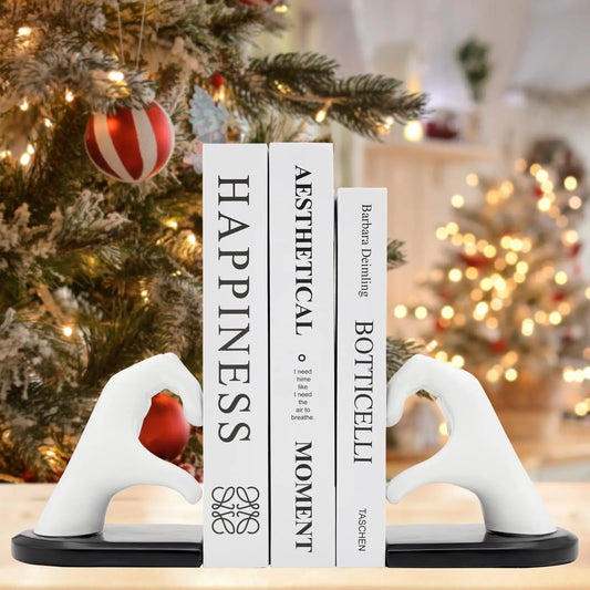 White Finger Heart Bookends – Heavy Duty Resin Book Holders (Set of 2)