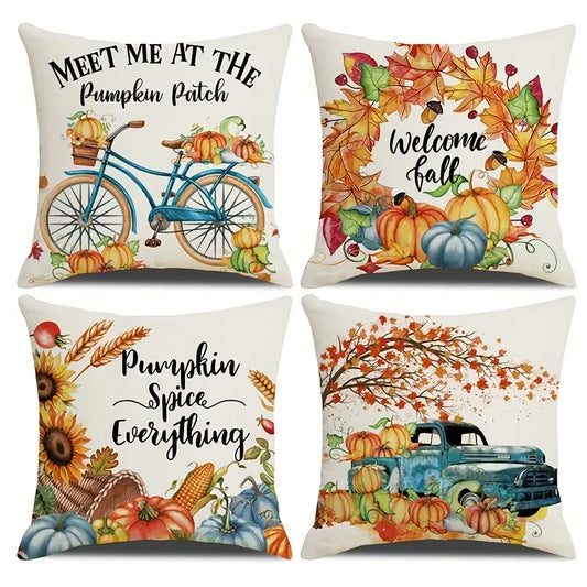 4pcs Linen Autumn Pumpkin Throw Pillow Covers