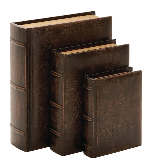 Wooden Decorative Book Boxes – Set of 3 Faux Storage Books with Faux Leather Detailing