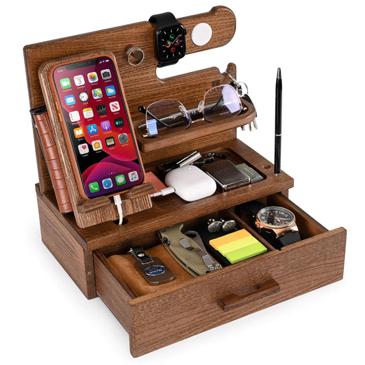 Wood Phone Docking Station with Drawer – Nightstand & Desk Organizer for Men, Key Holder, Watch & Accessories Stand (Beige)