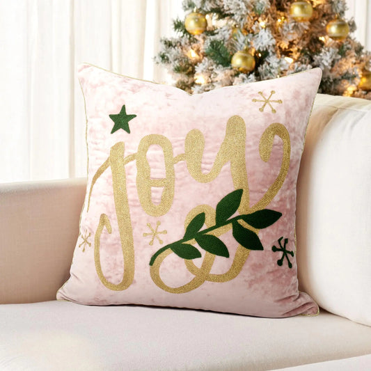 LOOPUINHOM Joy Christmas Pillow Covers 18x18 – Embroidered Velvet Holiday Throw Pillow Covers (Pink Blush & Gold, Set of 2)