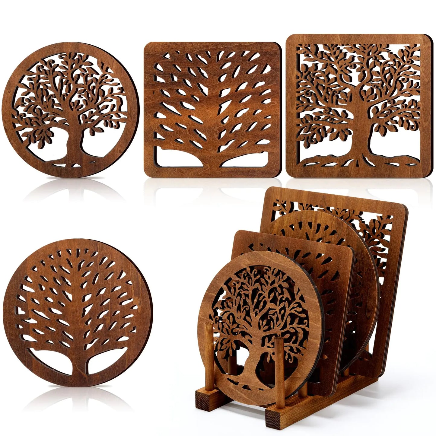 Beeveer 5-Piece Wooden Trivet Set – Life Tree Design (Dark Wood)